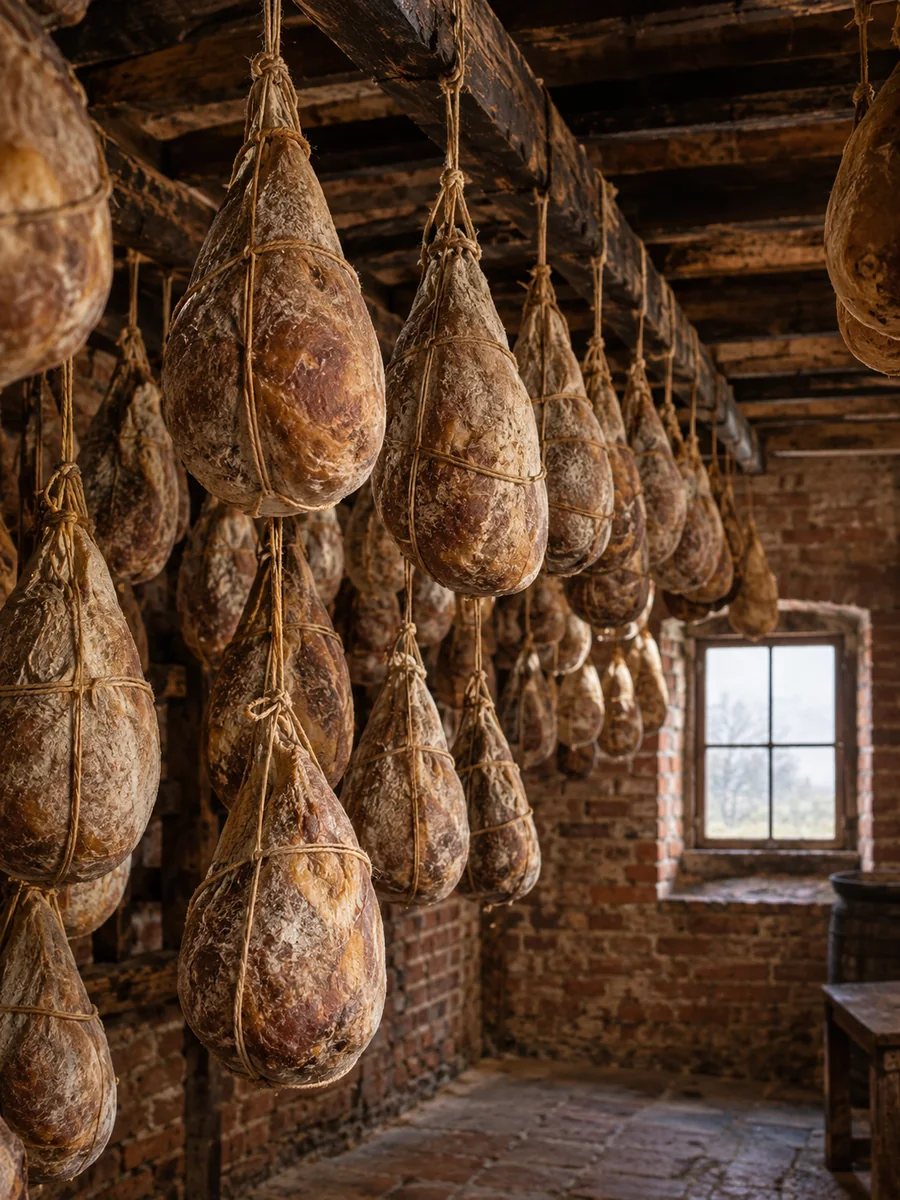 Charcuteries en forme de poire ficelées, suspendues à des poutres en bois dans une vieille cave en briques