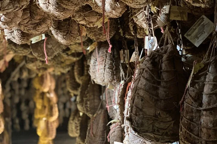 Dark, string-tied culatelli with paper tags hanging close together in a cellar