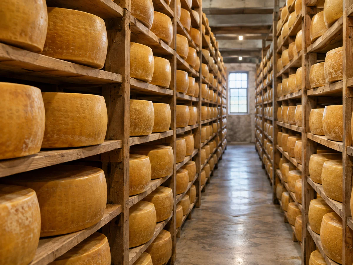 Allées de grandes meules de fromage dorées sur des étagères en bois dans une salle d'affinage